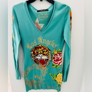 Ed Hardy Turquoise V-Neck with Tiger and Rose